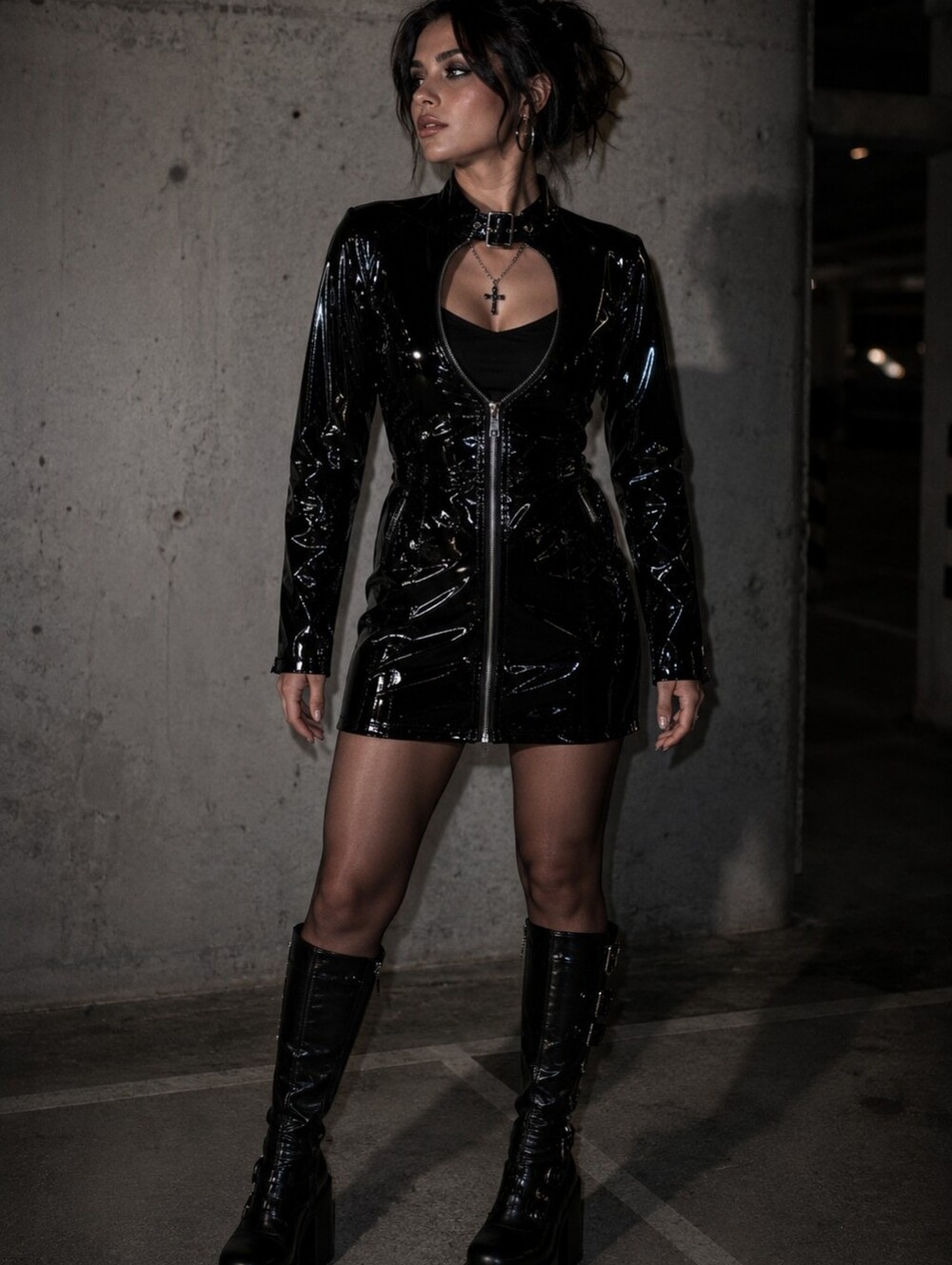 Black Patent Vinyl Zip Front Trench Coat Jacket Dress Goth Clubbing Cyber Grunge